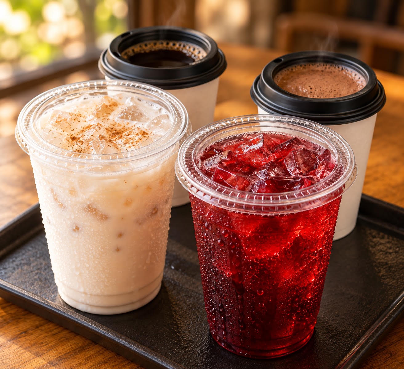Assorted bebidas including horchata, jamaica, hot coffee and champurrado
