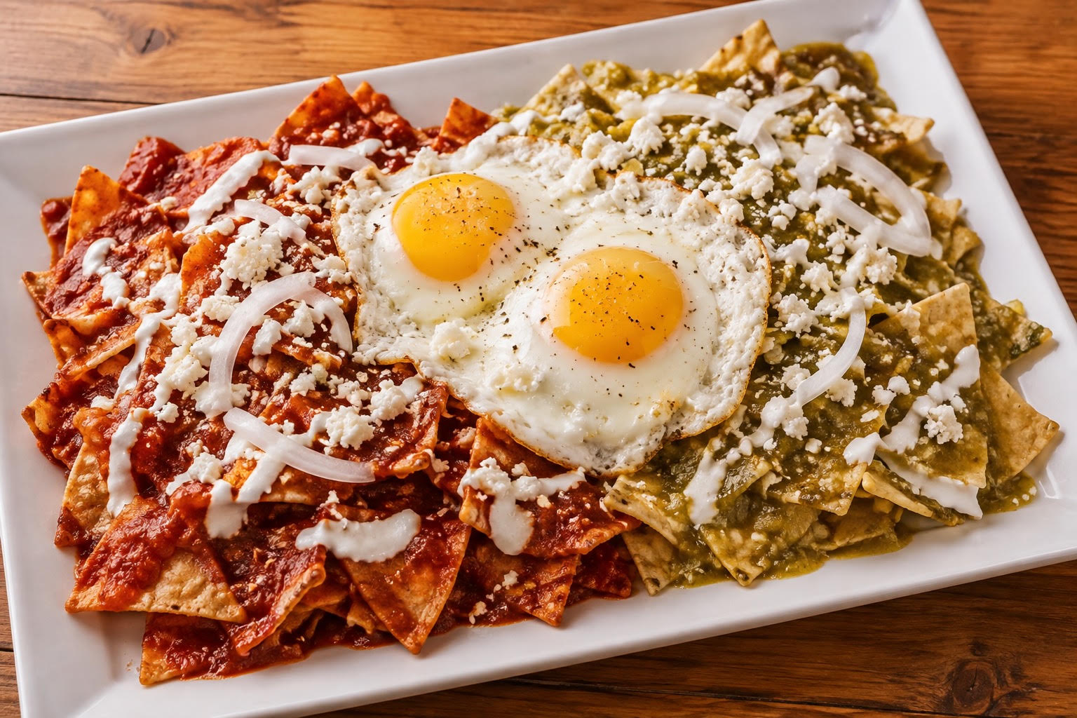 Chilaquiles rojos and verdes topped with two fried eggs, queso fresco, crema and onion