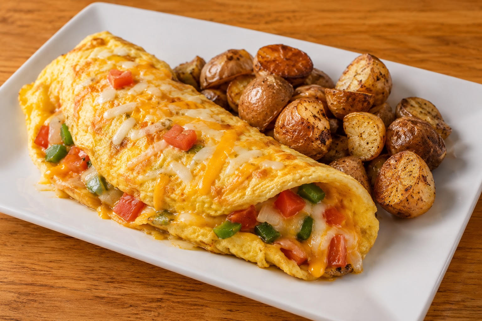 Cheese omelet stuffed with peppers, onion and tomato, served with roasted potatoes